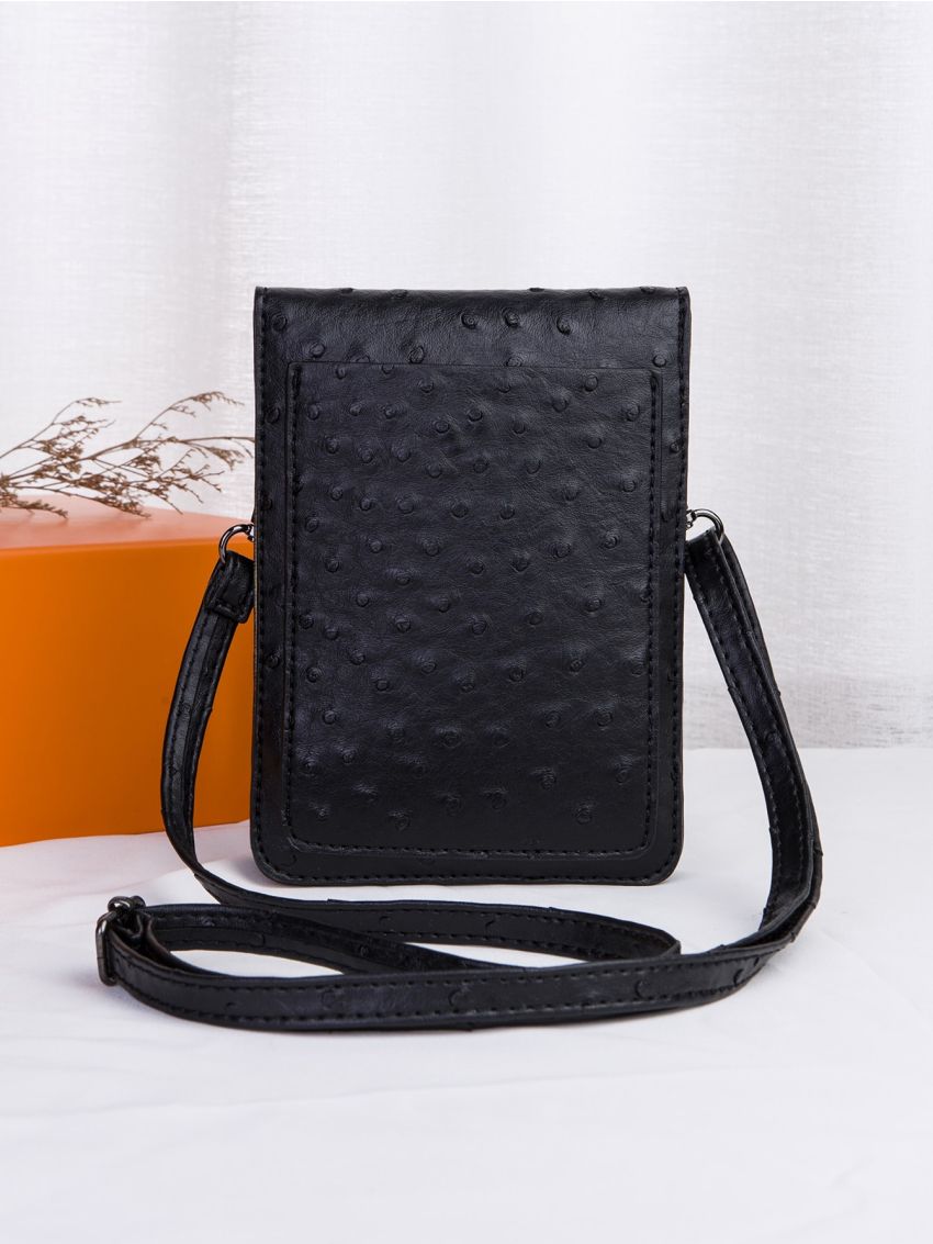 Mini Ostrich Embossed Phone Wallet Black Metal Decor