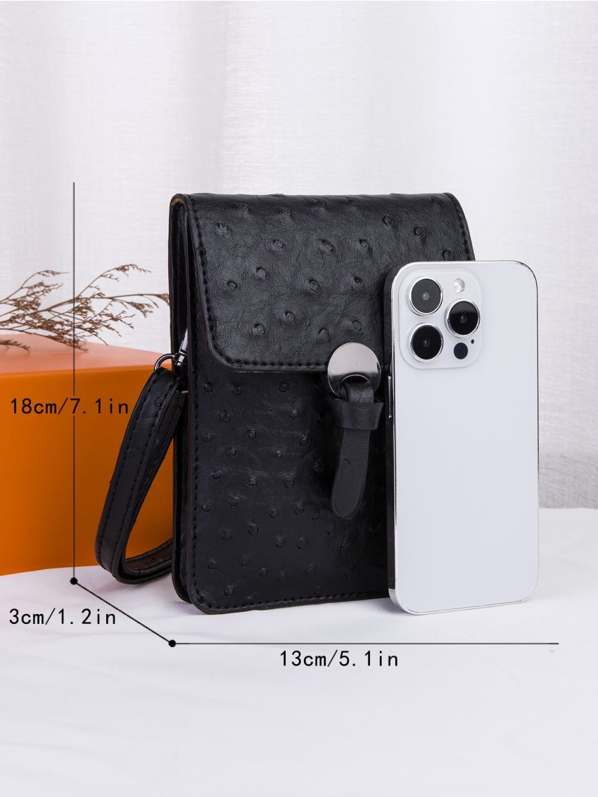 Mini Ostrich Embossed Phone Wallet Black Metal Decor