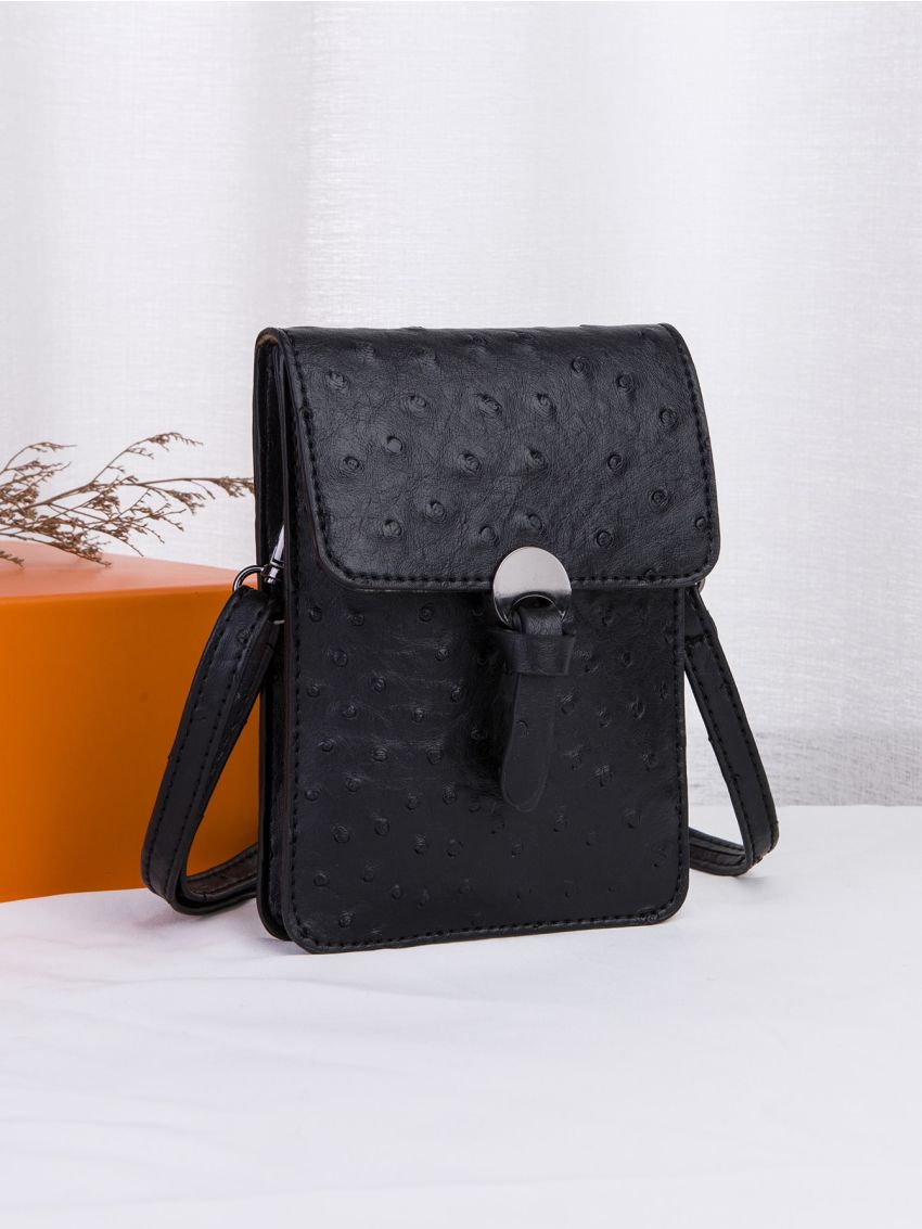 Mini Ostrich Embossed Phone Wallet Black Metal Decor