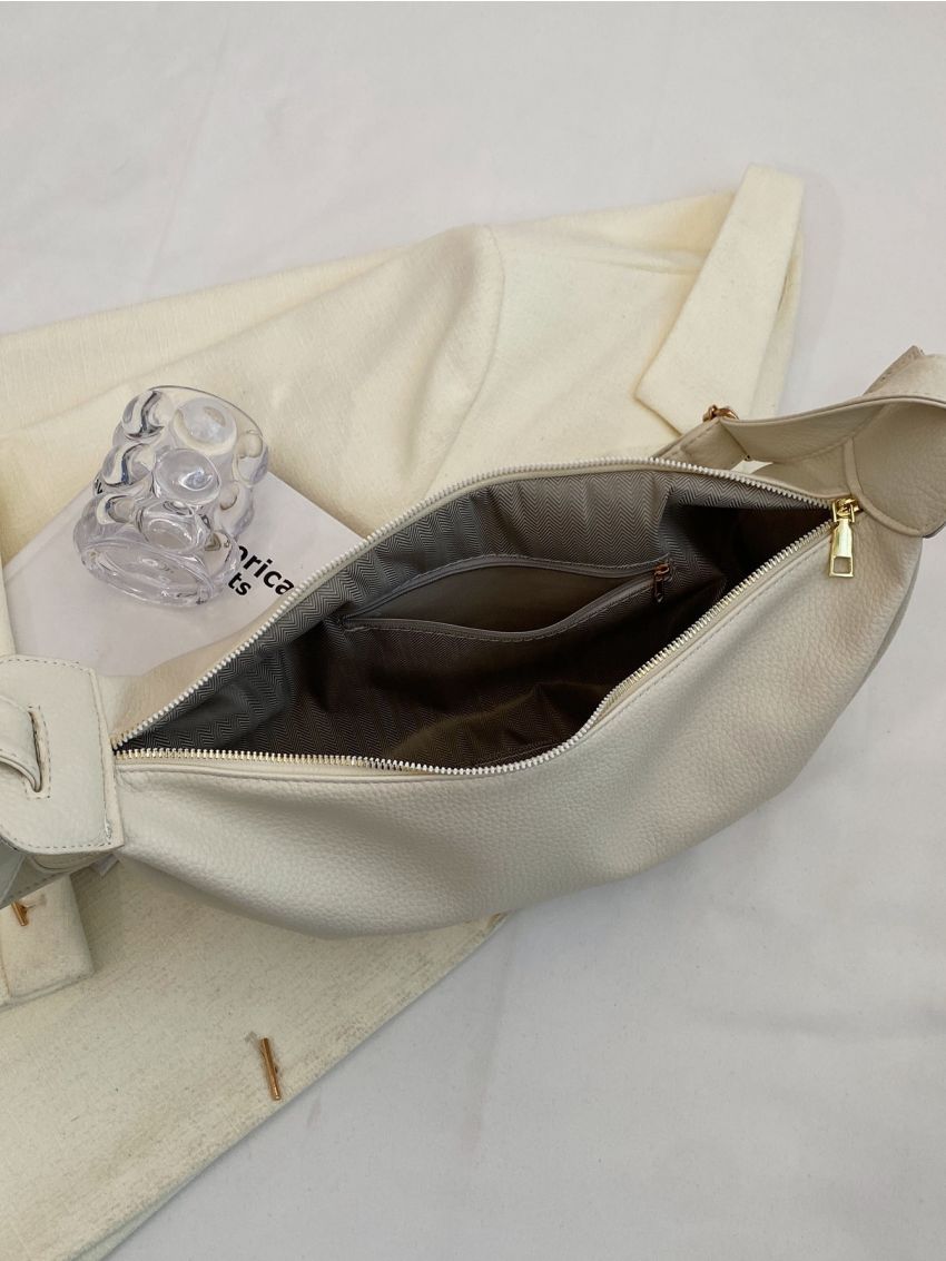 Litchi Embossed Hobo Bag Beige Fashionable Adjustable Strap For Daily