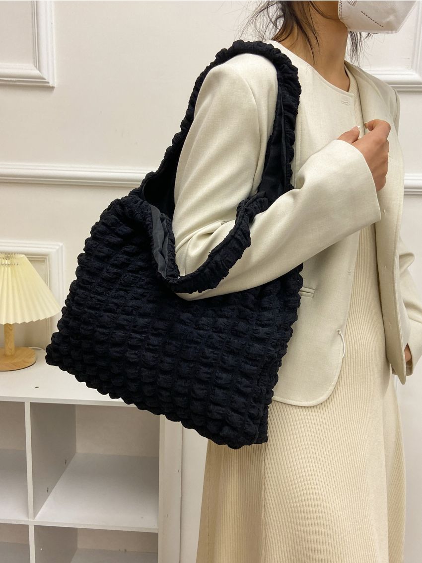 Medium Shoulder Tote Bag Black Ruched Detail Double Handle For Daily