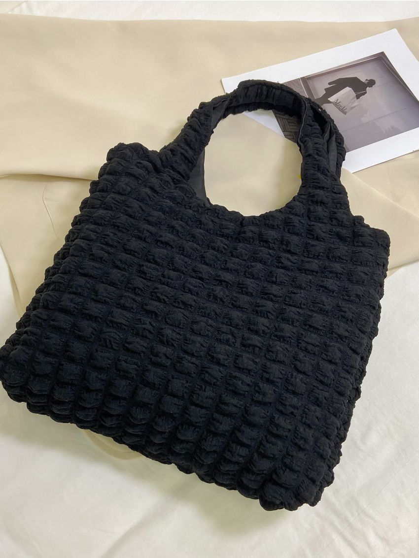 Medium Shoulder Tote Bag Black Ruched Detail Double Handle For Daily