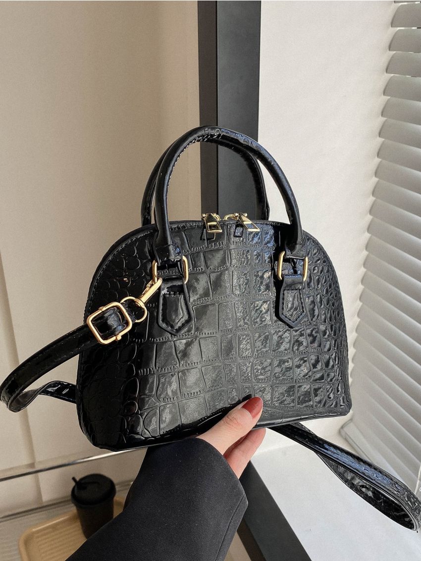 Small Crocodile Embossed Dome Bag Black Elegant Double Handle For Daily
