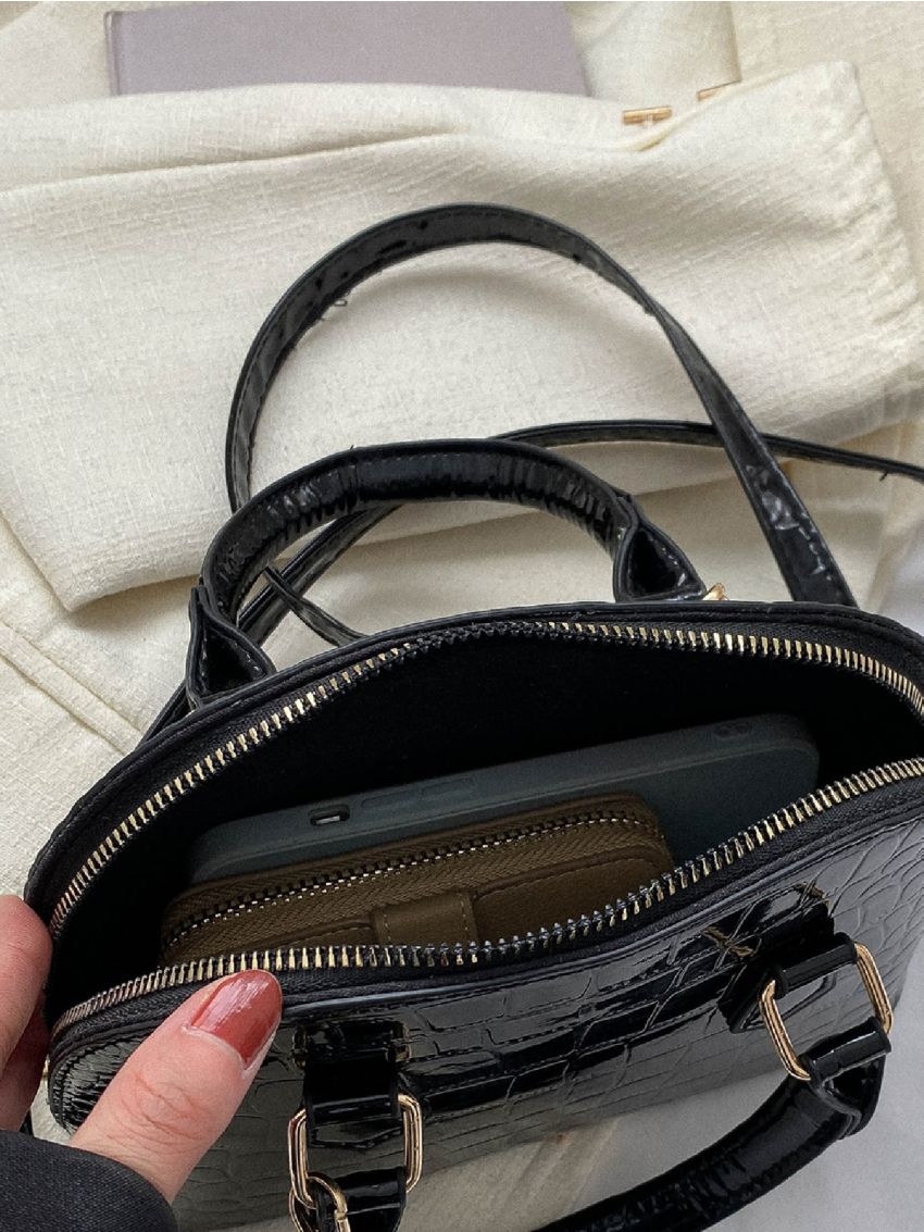 Small Crocodile Embossed Dome Bag Black Elegant Double Handle For Daily