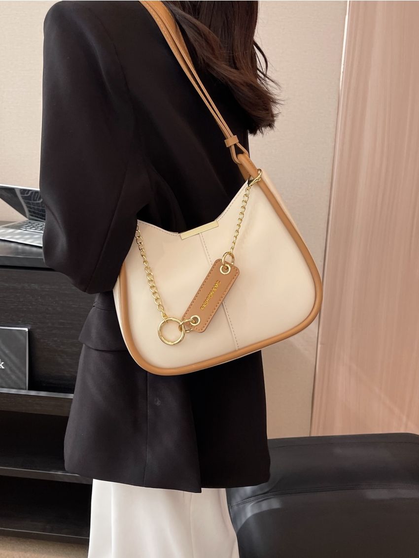 Colorblock Saddle Bag Chain & Metal Decor Top Handle For Work & Daily