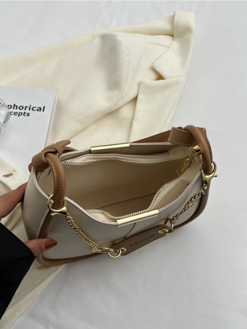 Colorblock Saddle Bag Chain & Metal Decor Top Handle For Work & Daily