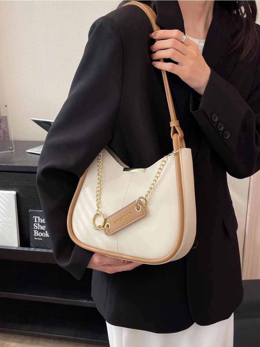 Colorblock Saddle Bag Chain & Metal Decor Top Handle For Work & Daily