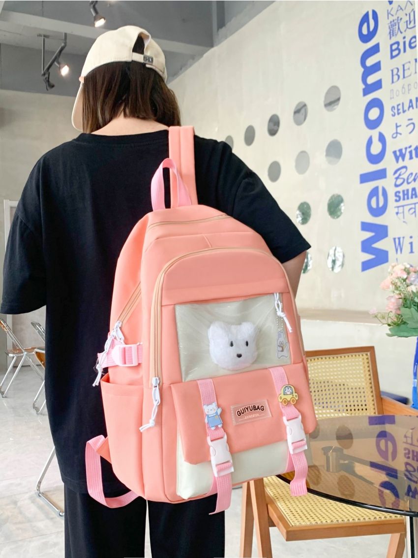 5pcs Backpack Set Colorblock Classic Backpack Shoulder Tote Bag Square Bag Pencil Case With Bag Charm For School