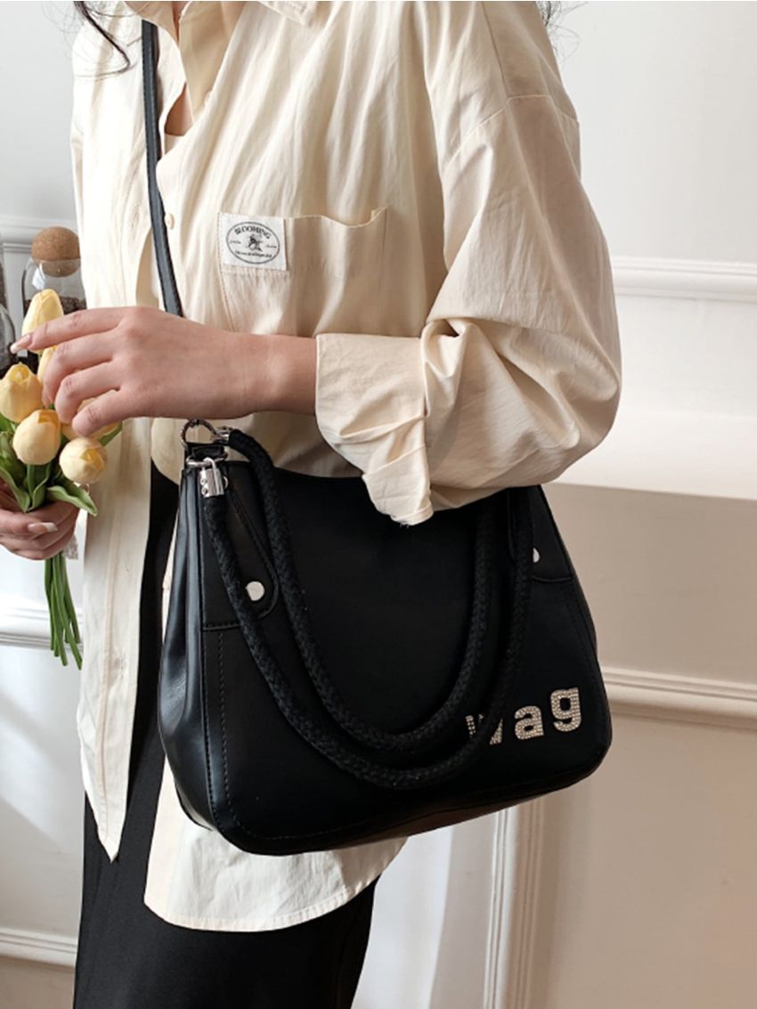 Black Square Bag Metal Decor Double Handle For Work