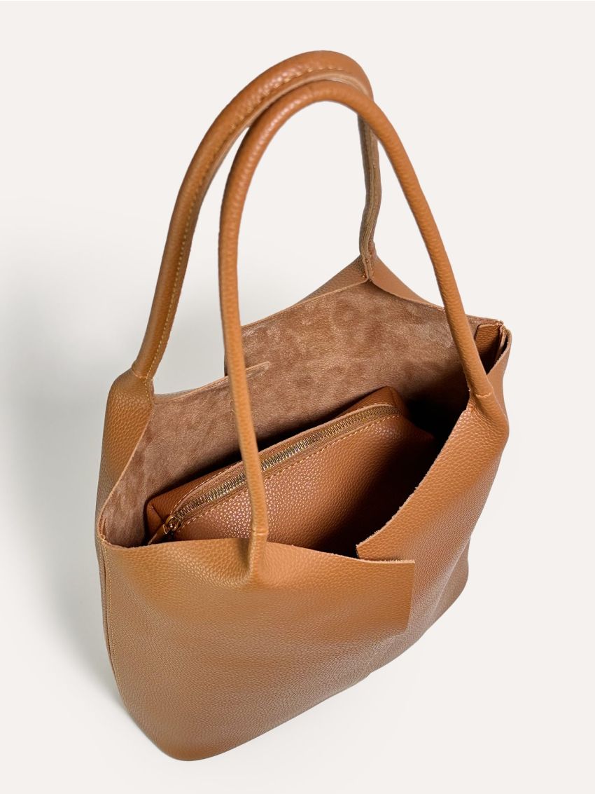 Litchi Embossed Bucket Bag Brown Elegant Double Handle With Inner Pouch For Work