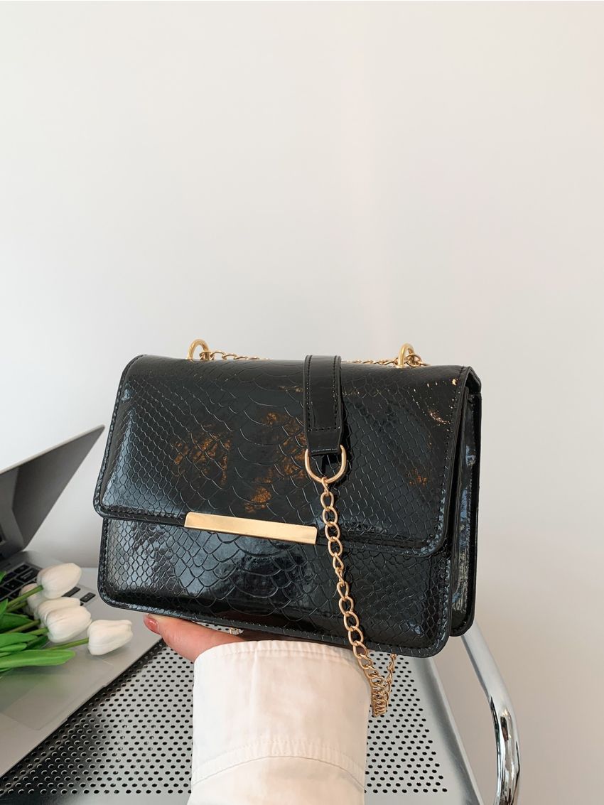 Snakeskin Embossed Square Bag Chain PU Elegant