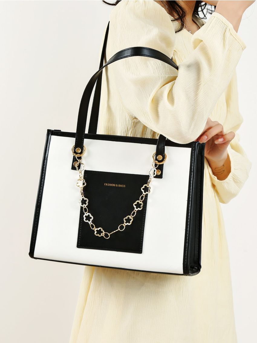 Letter Graphic Chain Decor Shoulder Tote Bag