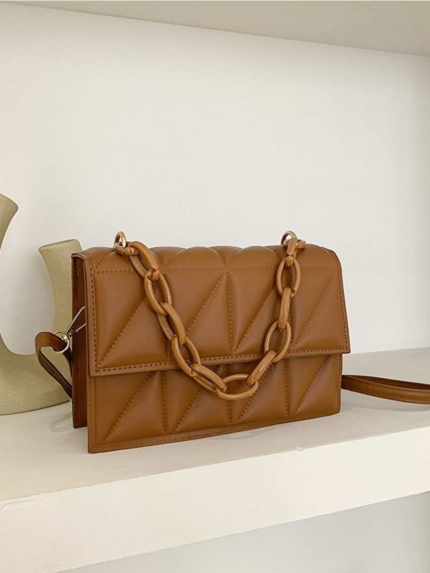 Quilted Square Bag Chain Decor PU Brown