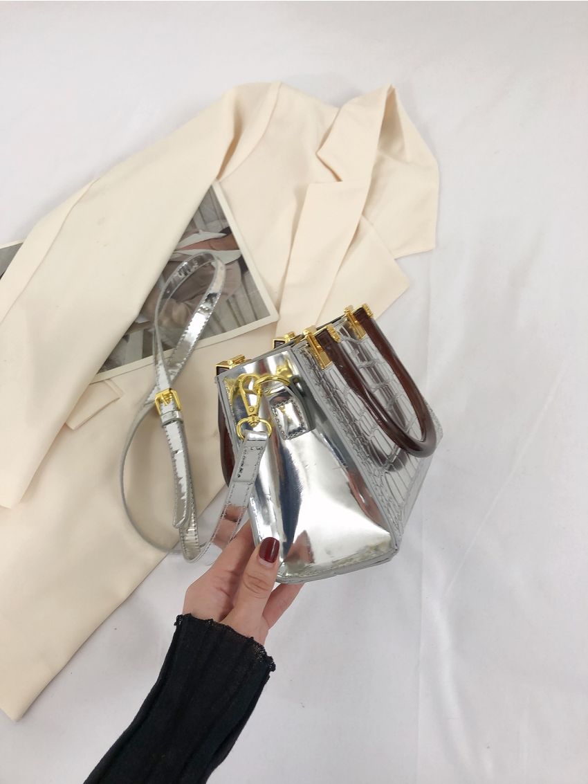 Crocodile Embossed Double Handle Square Bag Funky Metallic