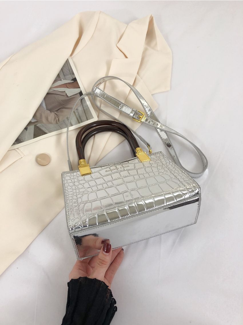 Crocodile Embossed Double Handle Square Bag Funky Metallic
