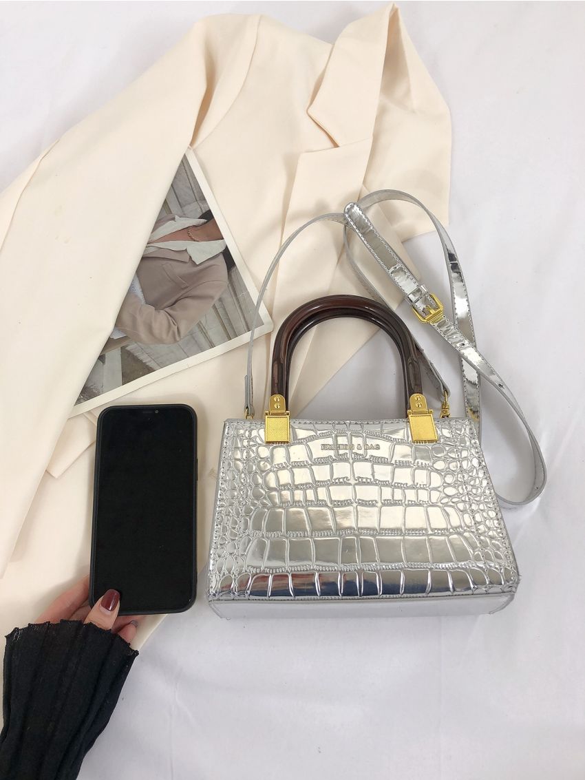 Crocodile Embossed Double Handle Square Bag Funky Metallic