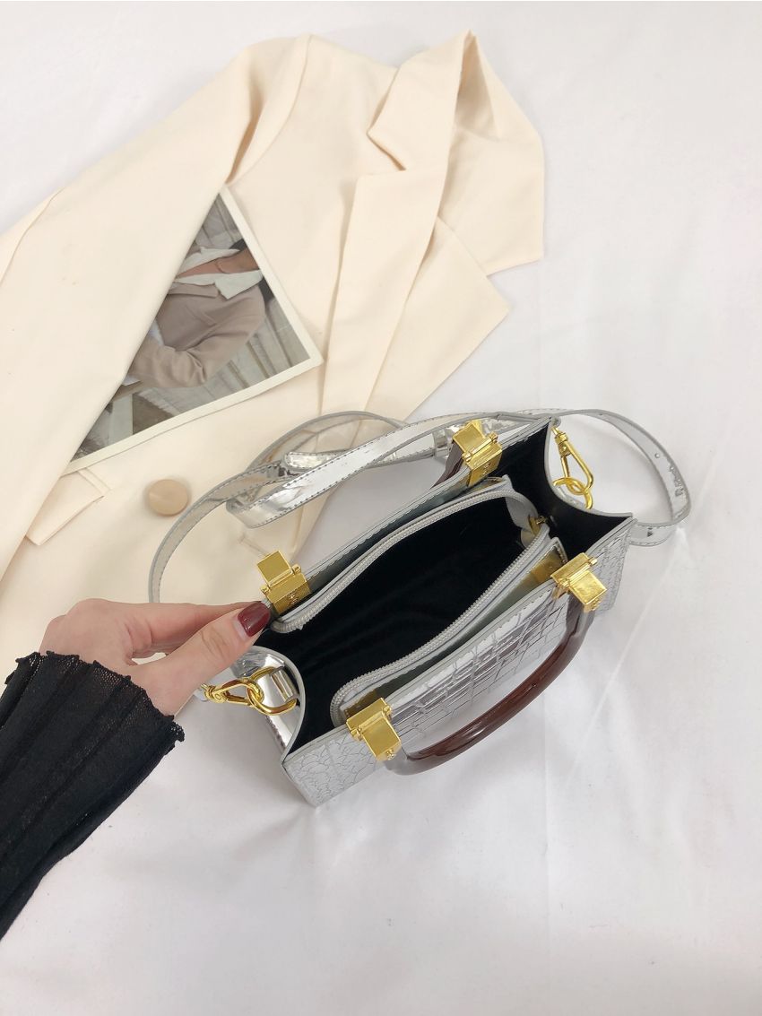 Crocodile Embossed Double Handle Square Bag Funky Metallic