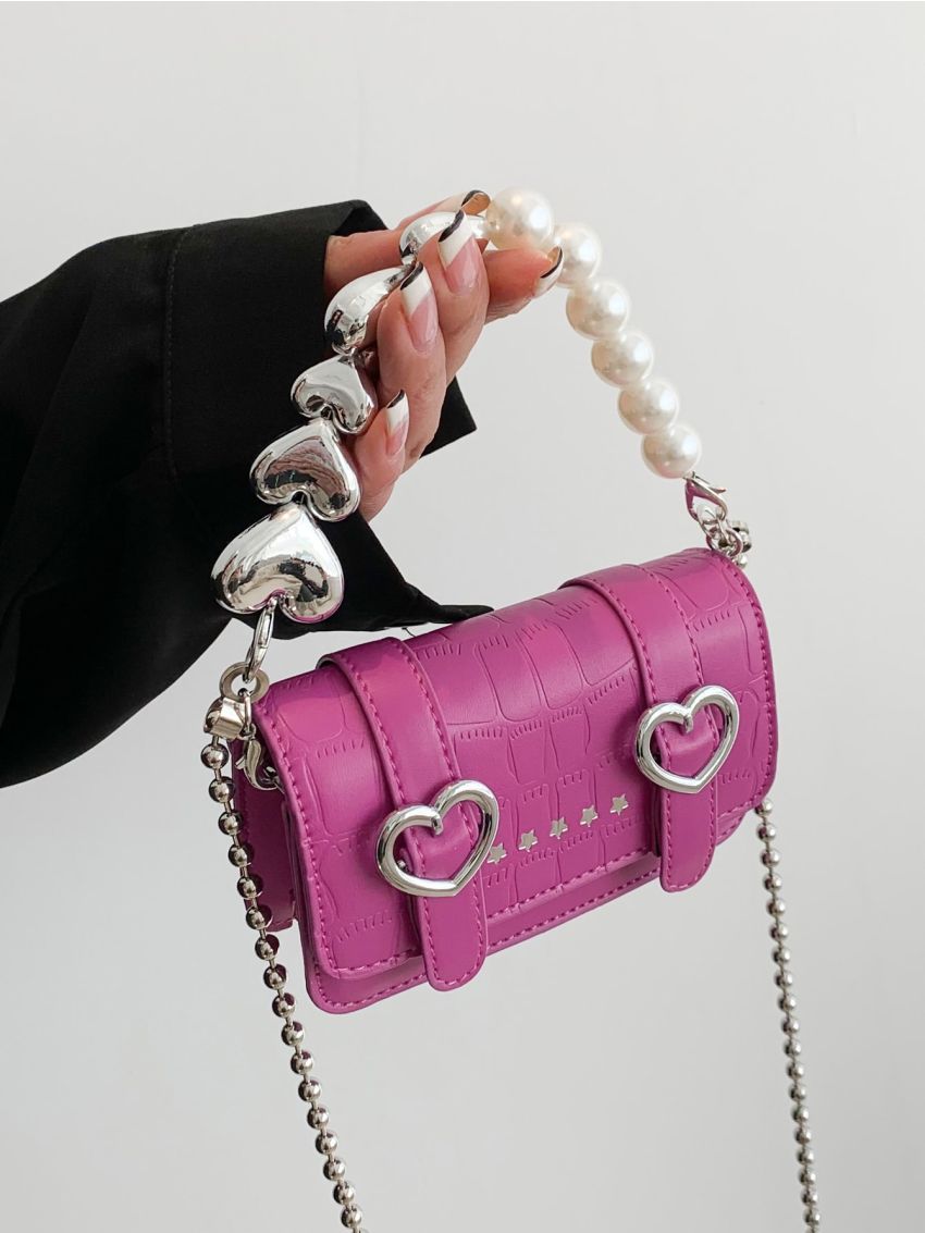 Mini Square Bag Crocodile Embossed Heart Buckle & Faux Pearl Decor PU