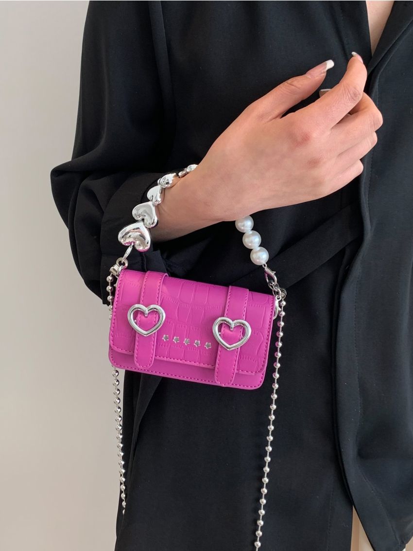 Mini Square Bag Crocodile Embossed Heart Buckle & Faux Pearl Decor PU