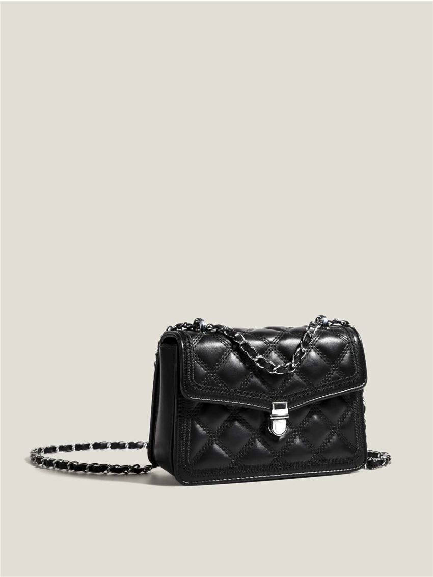 Mini Square Bag Quilted Push Lock PU Flap Black