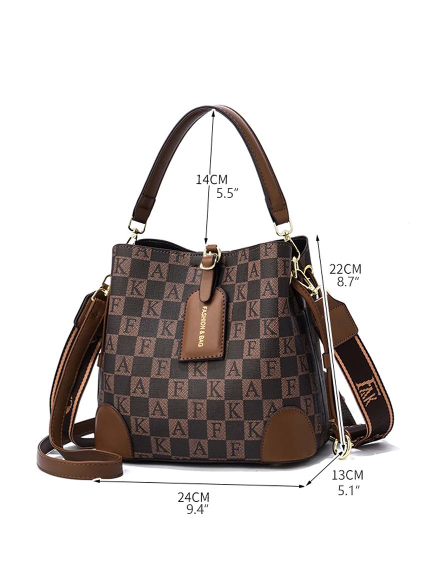 Checkered & Letter Graphic Satchel PU Buckle Decor, Mothers Day Gift For Mom