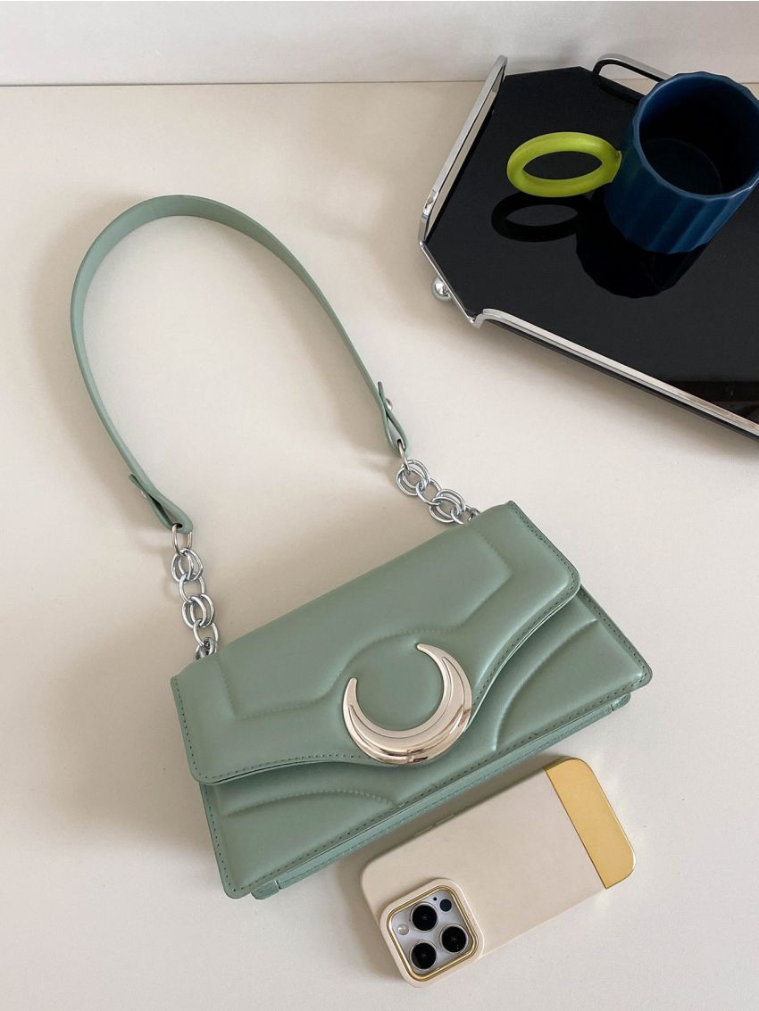 Metal Decor Square Bag Quilted Chain PU