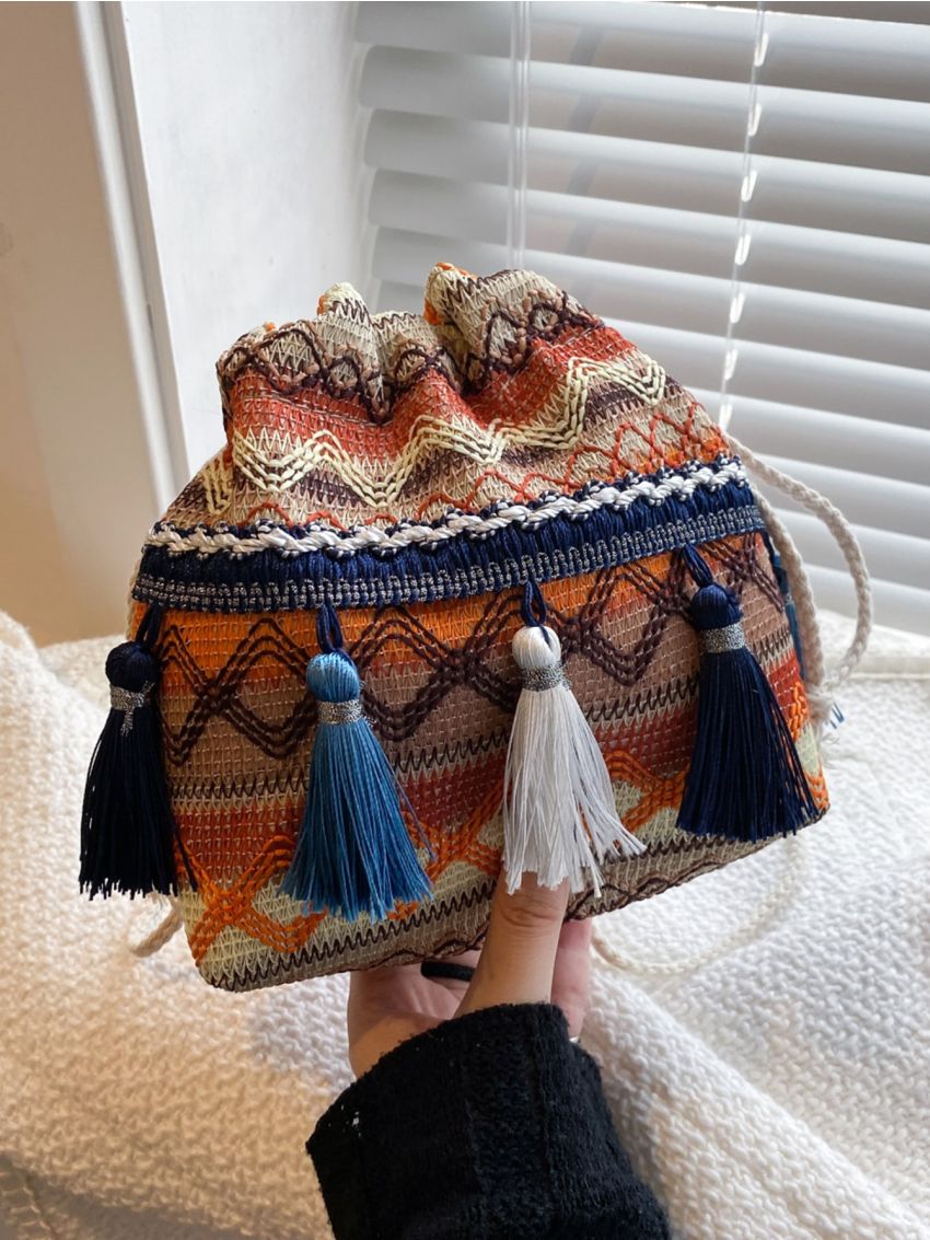 Mini Bucket Bag Vacation Geometric Embroidered Tassel Decor Drawstring Polyester