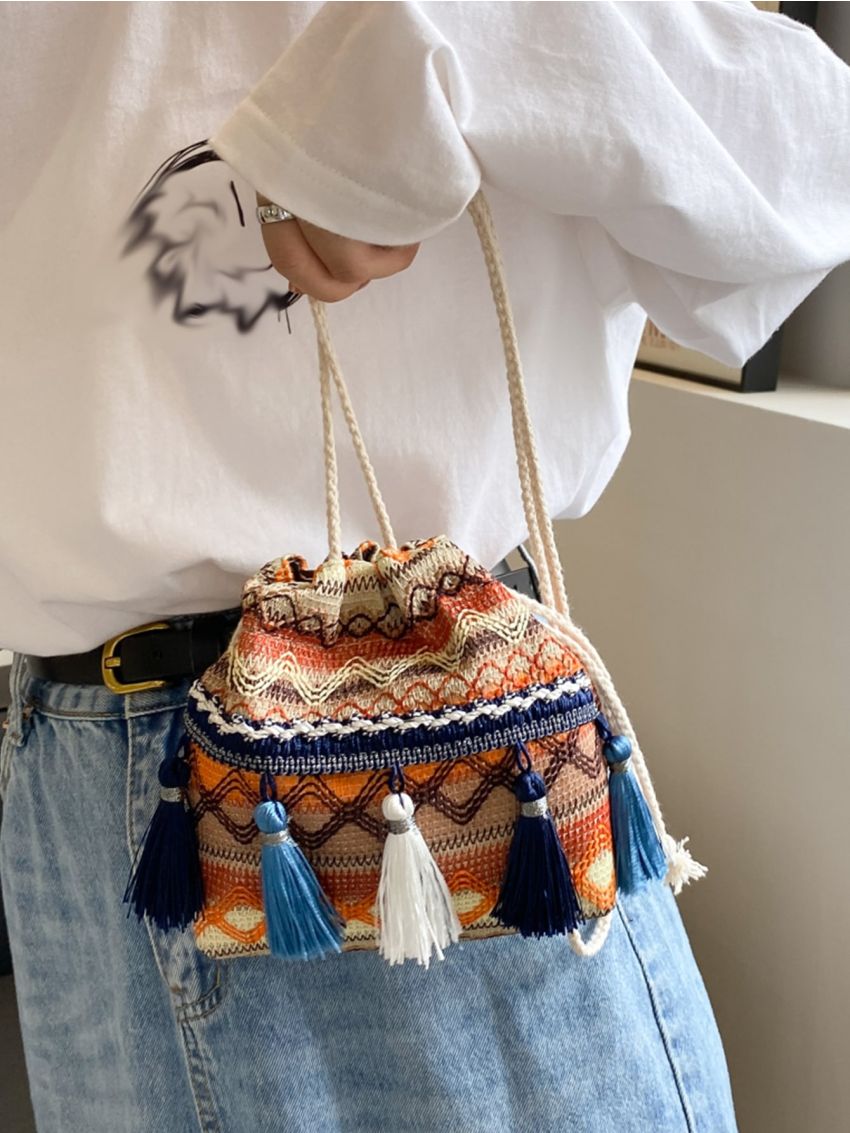 Mini Bucket Bag Vacation Geometric Embroidered Tassel Decor Drawstring Polyester
