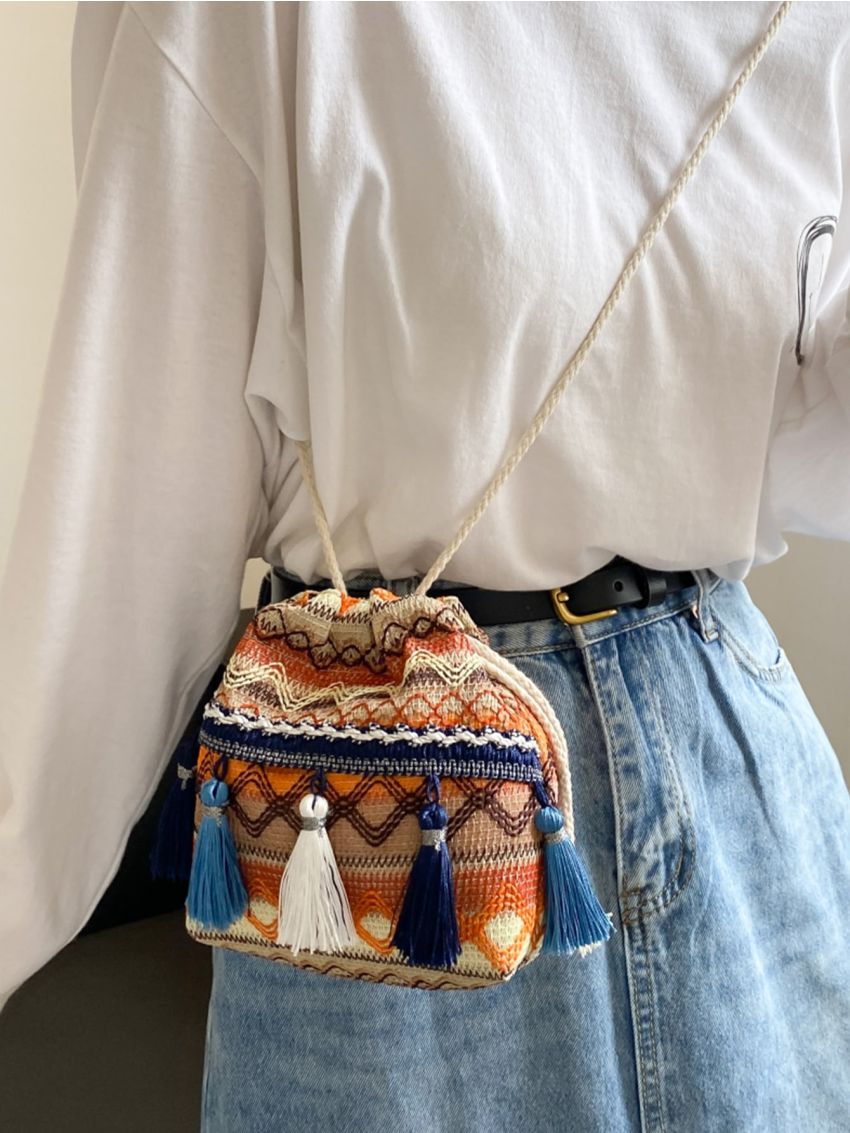 Mini Bucket Bag Vacation Geometric Embroidered Tassel Decor Drawstring Polyester