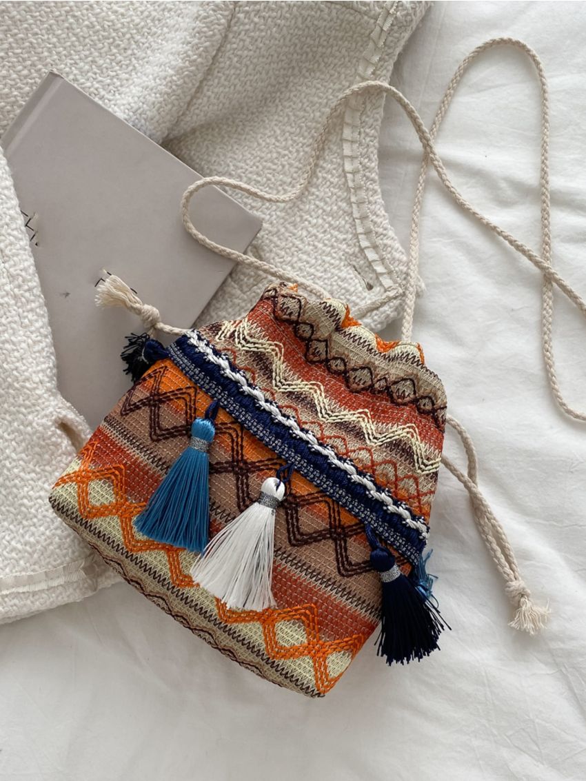 Mini Bucket Bag Vacation Geometric Embroidered Tassel Decor Drawstring Polyester