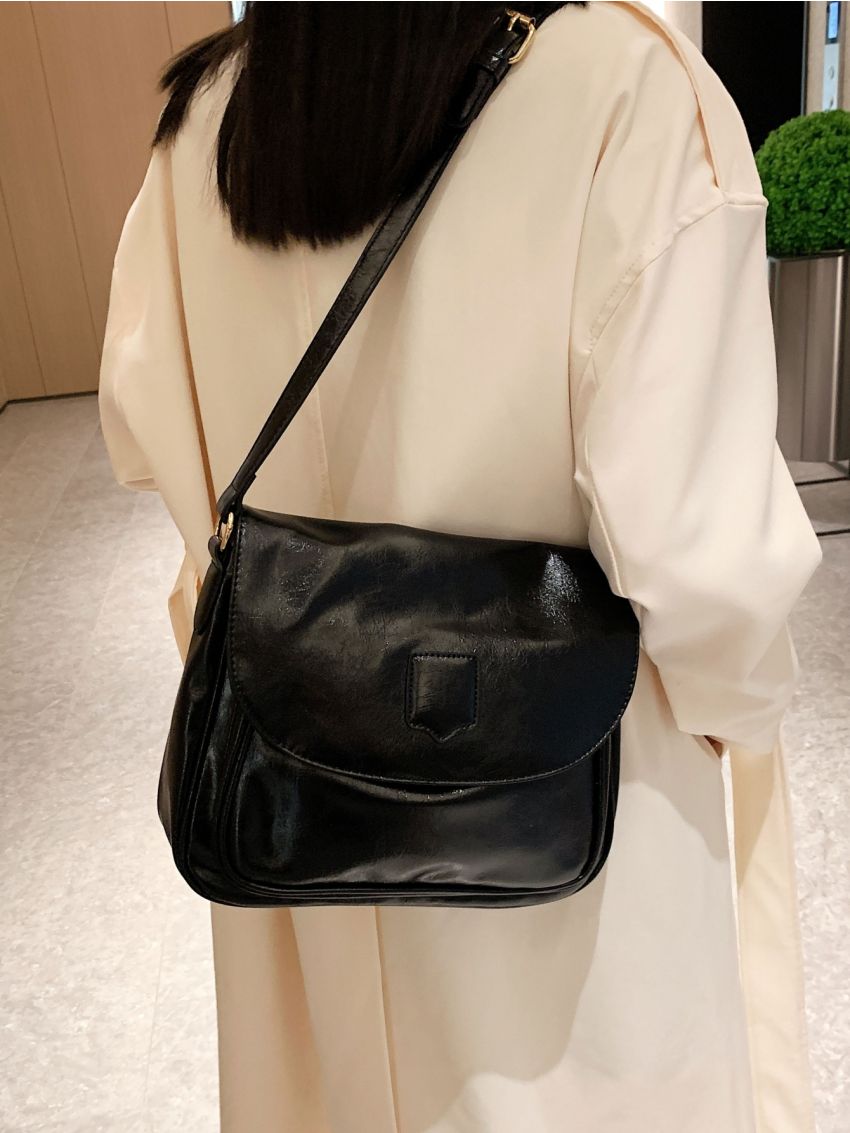 Black Square Bag Vintage Flap Adjustable Strap PU