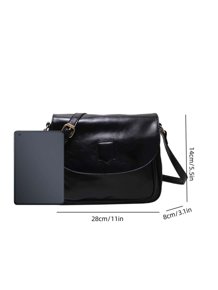Black Square Bag Vintage Flap Adjustable Strap PU