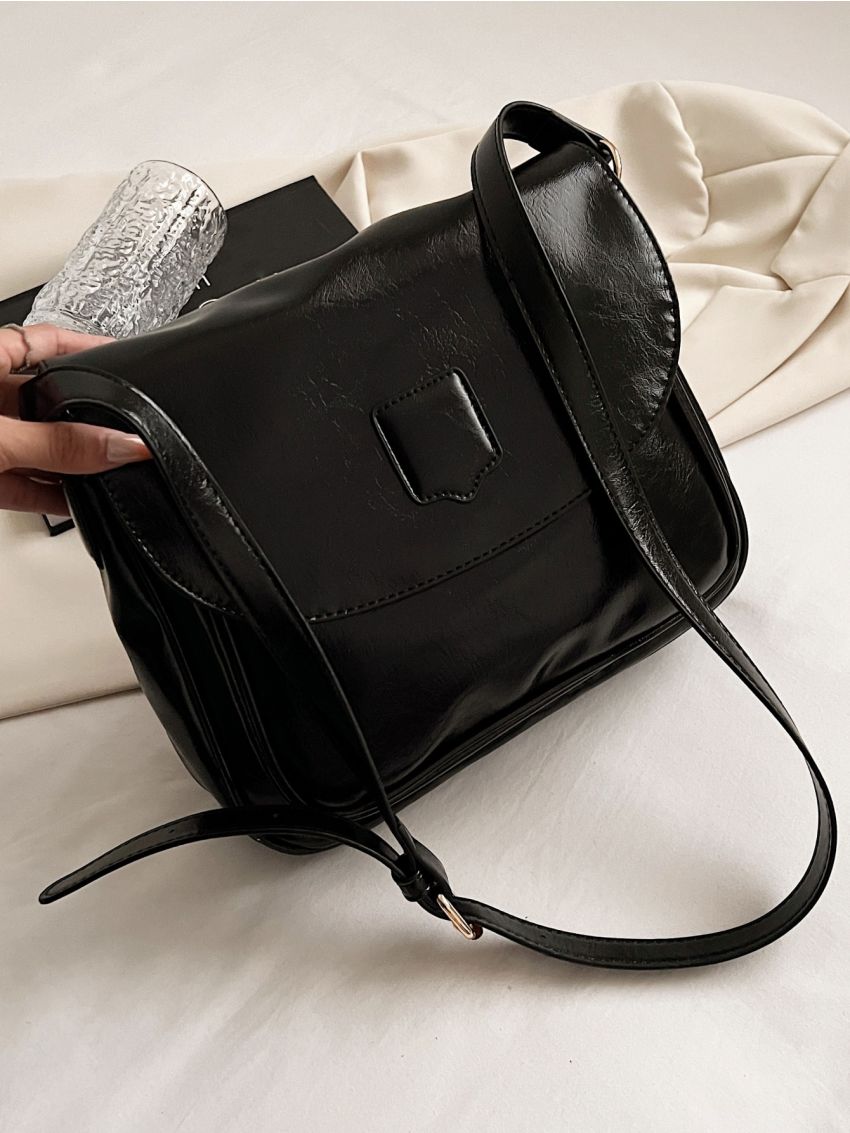 Black Square Bag Vintage Flap Adjustable Strap PU