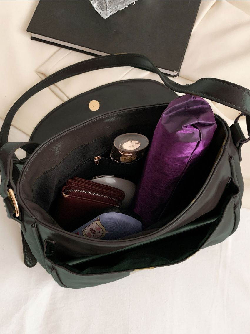 Black Square Bag Vintage Flap Adjustable Strap PU