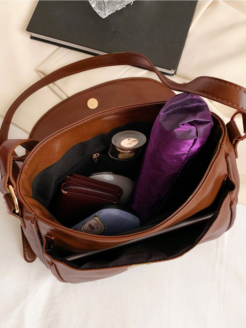 Brown Square Bag Vintage Flap Adjustable Strap PU