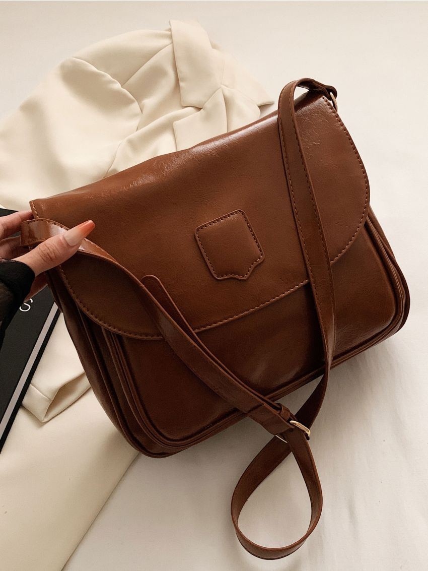 Brown Square Bag Vintage Flap Adjustable Strap PU