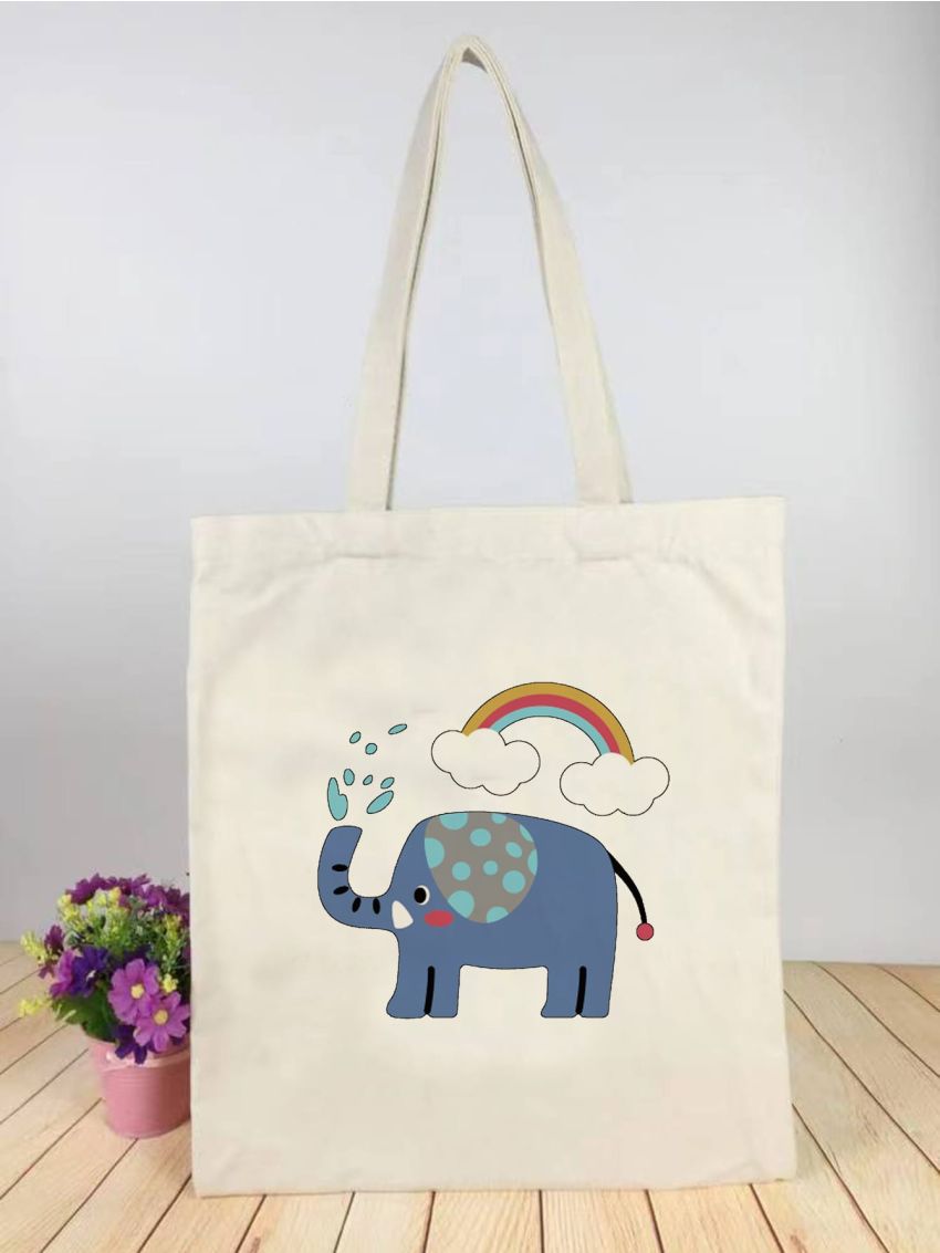 Small Shopper Bag Cartoon Rainbow & Elephant Print Polyester For Shopping