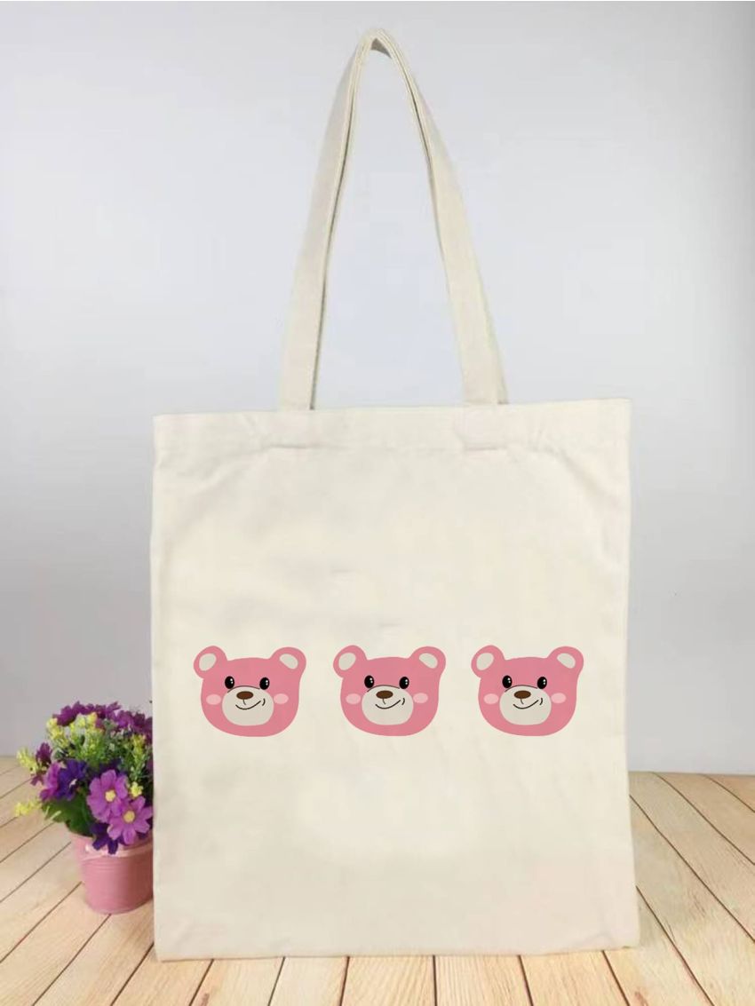 Small Shopper Bag Cute Bear Print Polyester For Shopping
