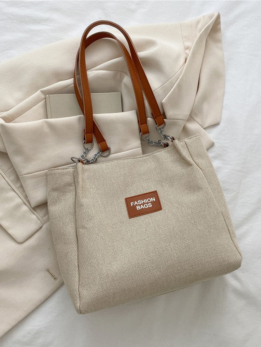 Small Shoulder Tote Bag Fashionable Letter Patch Decor Polyester