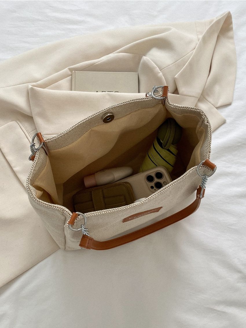 Small Shoulder Tote Bag Fashionable Letter Patch Decor Polyester