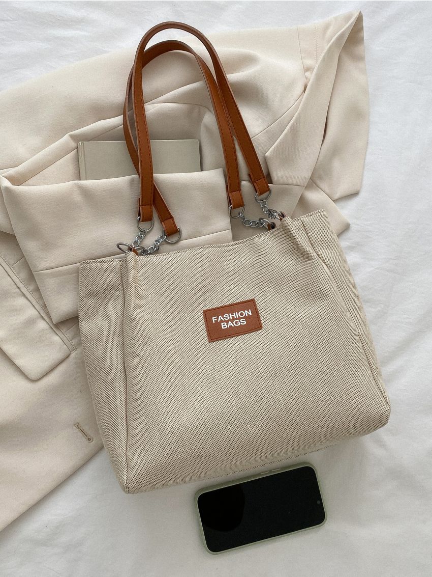 Small Shoulder Tote Bag Fashionable Letter Patch Decor Polyester