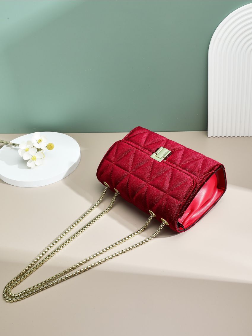 Red Square Bag Fashionable Push Lock Quilted Flap Chain Polyester