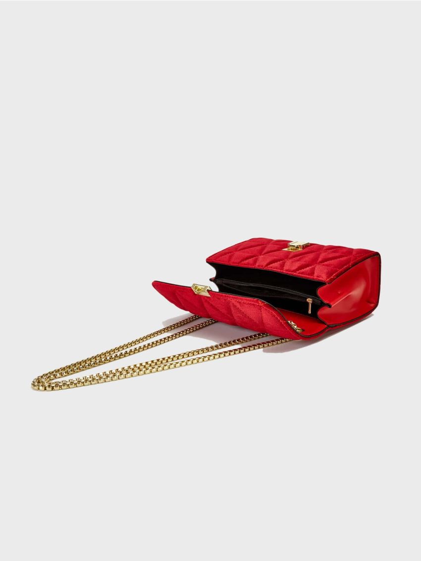 Red Square Bag Fashionable Push Lock Quilted Flap Chain Polyester