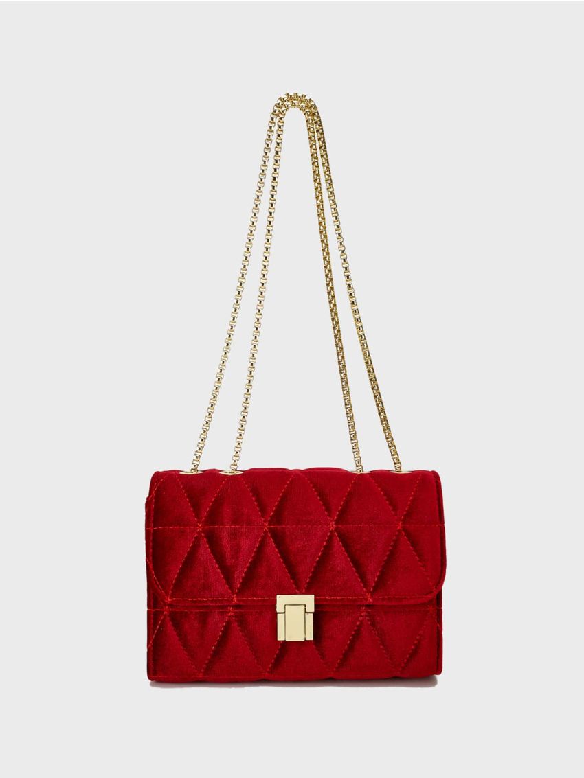 Red Square Bag Fashionable Push Lock Quilted Flap Chain Polyester