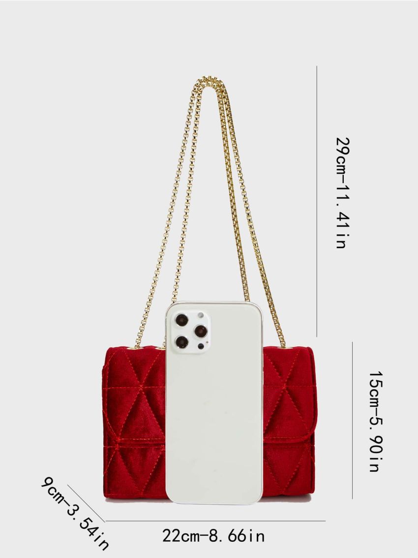Red Square Bag Fashionable Push Lock Quilted Flap Chain Polyester