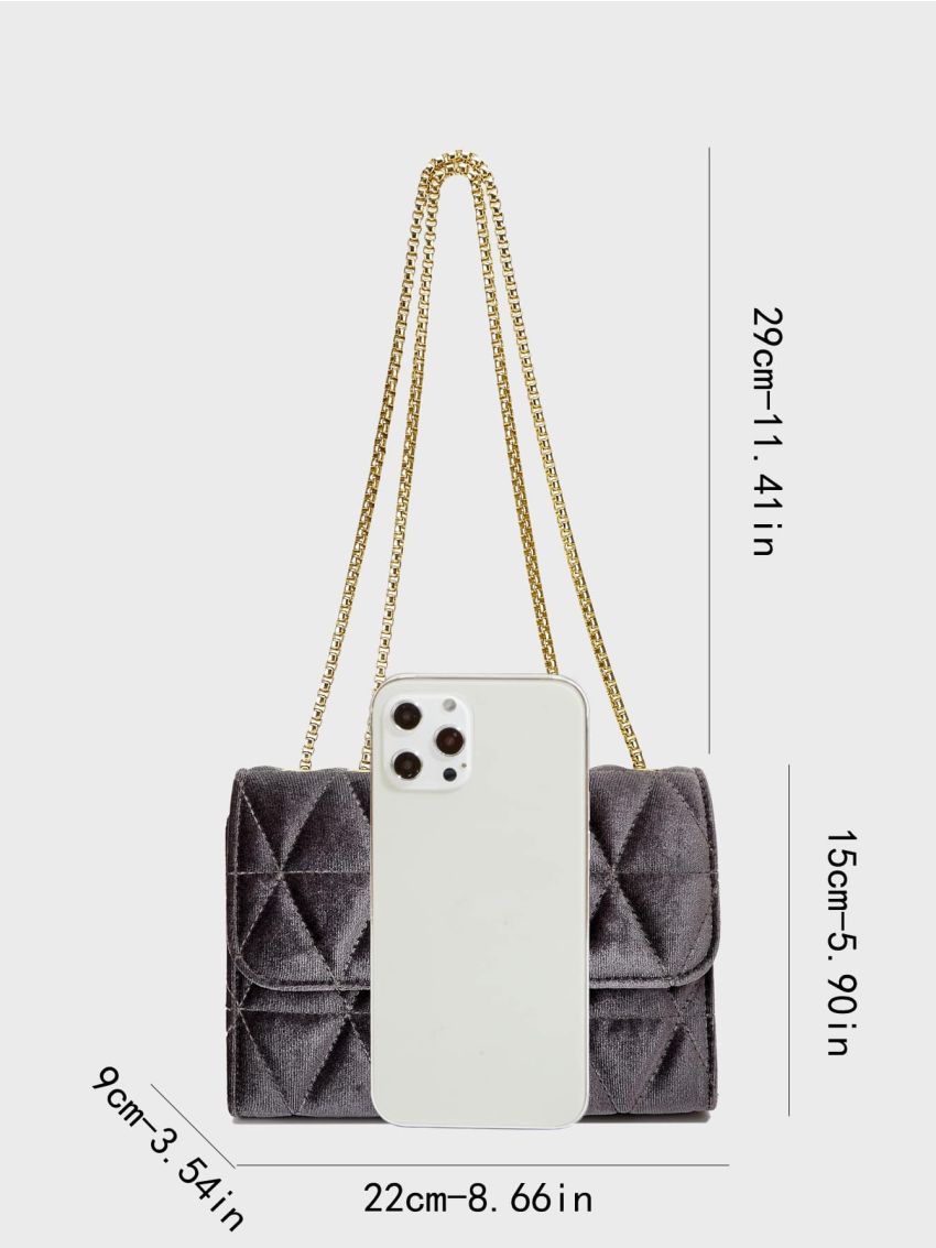 Gray Square Bag Fashionable Quilted Detail Push Lock Flap Chain Polyester