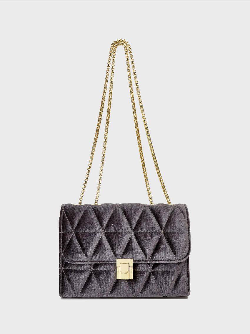 Gray Square Bag Fashionable Quilted Detail Push Lock Flap Chain Polyester