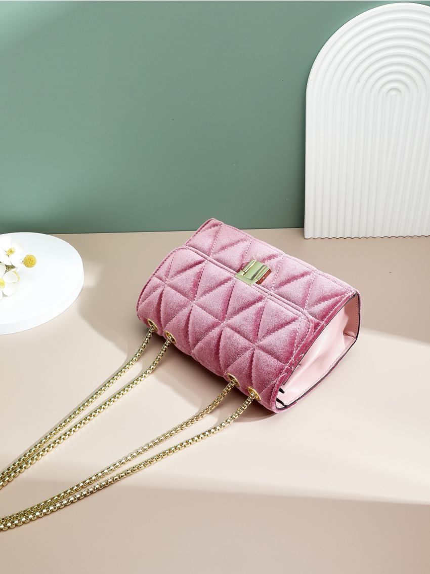 Red Square Bag Fashionable Push Lock Quilted Flap Chain Polyester