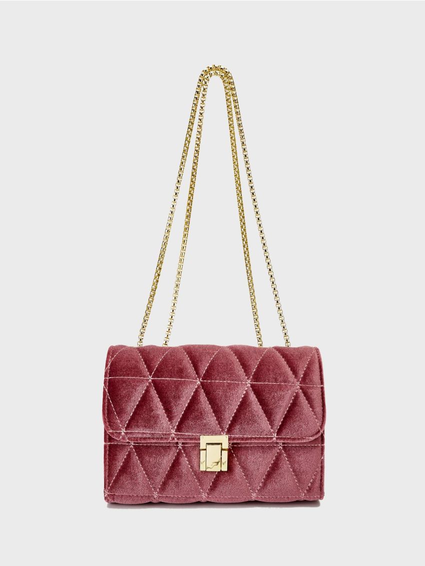 Red Square Bag Fashionable Push Lock Quilted Flap Chain Polyester