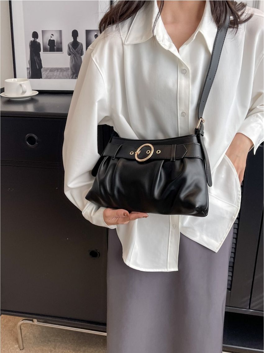 Black Ruched Bag Elegant Buckle Decor PU